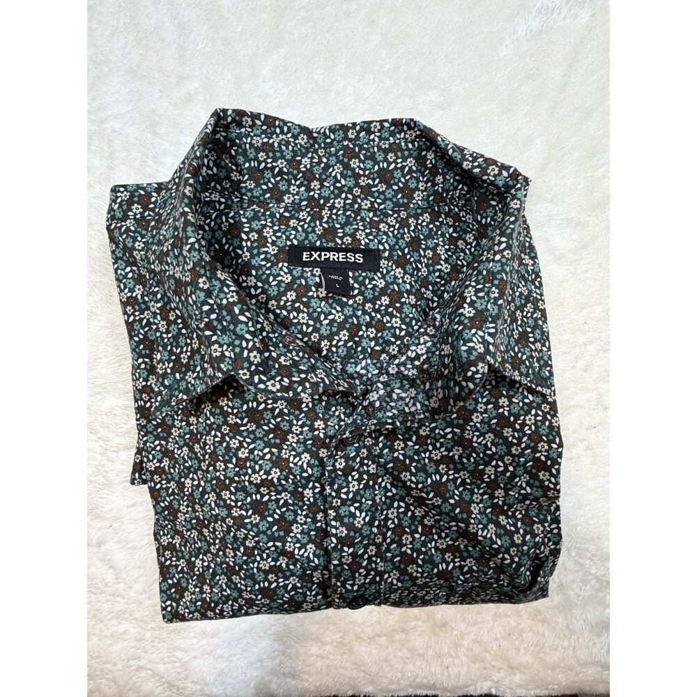 Express Shirt Men's Large Green Floral Long Sleeve Button Up